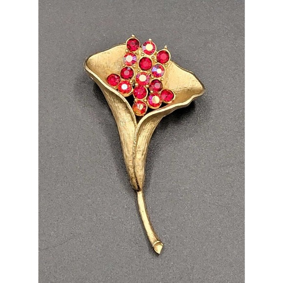 VTG Calla Lily Statement Brooch Pin Red AB Rhinestones Gold Tone Retro 50s 60s - Picture 1 of 7